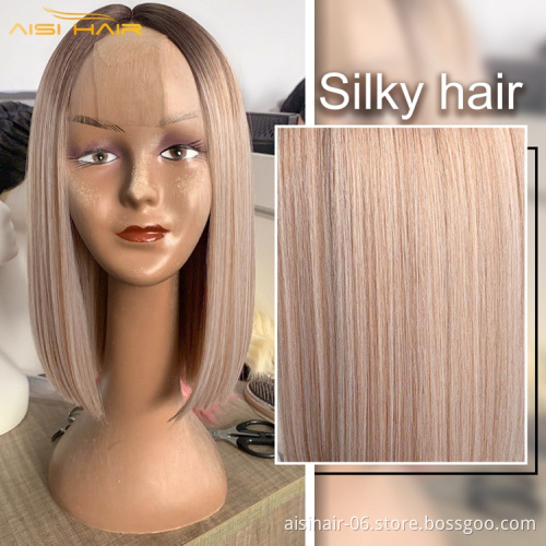 Aisi Hair 14 Inch High Quality Synthetic Highlight Lace Wig Ombre Blonde Lace Front Synthetic Hair Bob Wigs For Black Women